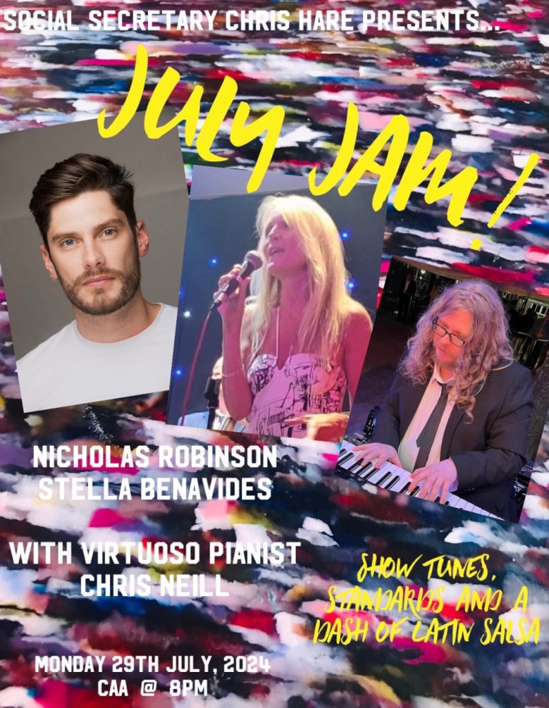 Monday July 29th 2024. Social Secretary Chris Hare presents an evening of Show tunes and Standards with a dash of Latin salsa. Performed by Nicholas Robinson and Stella Benevides with acclaimed virtuoso pianist Chris Neill.