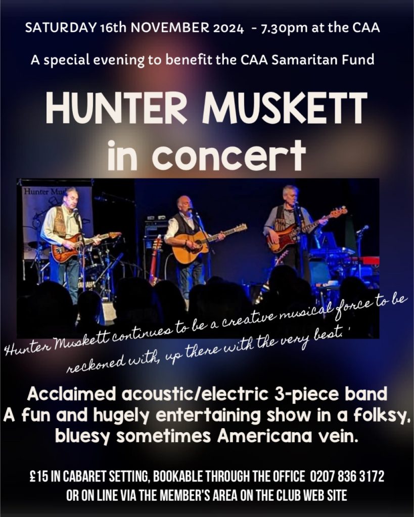 Acclaimed folk, blues and soul trio Hunter Muskett play the CAA in a special concert to benefit the club's Samaritan Fund.