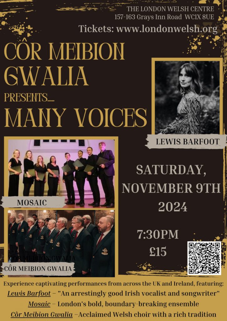 A concert with a Welsh choir along with Irish Folk singer Lewis Barfoot and the singing ensemble Mosaic.